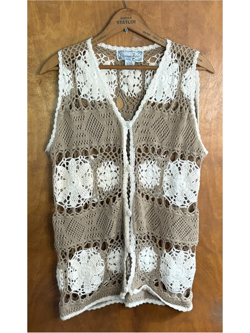 Vintage Brown & White Granny Square Open Knit Sweater Vest Boho Festival Grunge